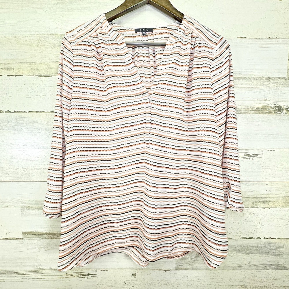 NYDJ Womens White Brown Peach Ripple Stripe V Neck 3/4 Slv Relaxed Blouse Sz PL